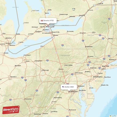 Toronto - Dulles direct flight map