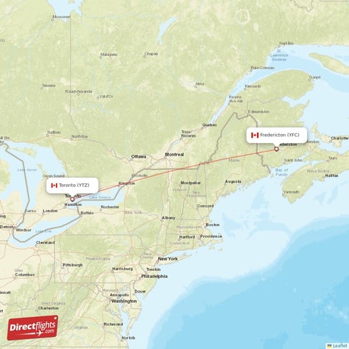 Toronto - Fredericton direct flight map