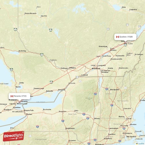 Toronto - Quebec direct flight map
