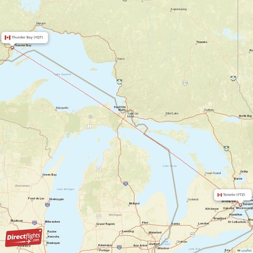 Toronto - Thunder Bay direct flight map