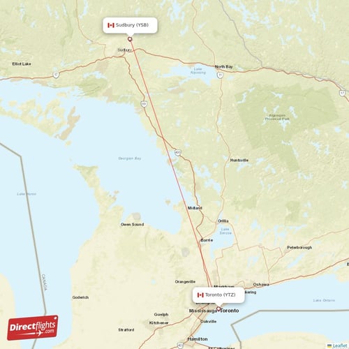 Toronto - Sudbury direct flight map