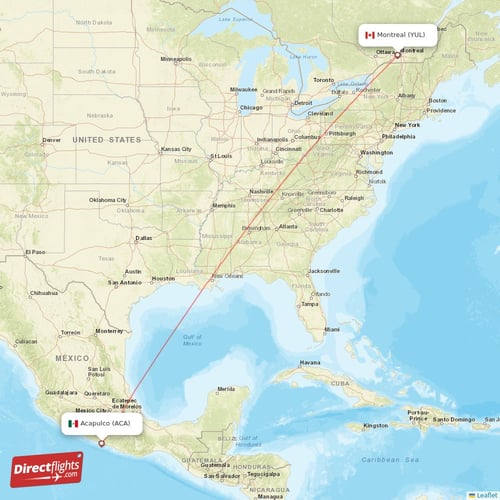Montreal - Acapulco direct flight map