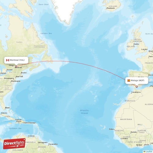 Montreal - Malaga direct flight map