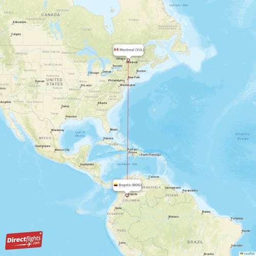 Montreal - Bogota direct flight map