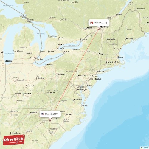 Montreal - Charlotte direct flight map