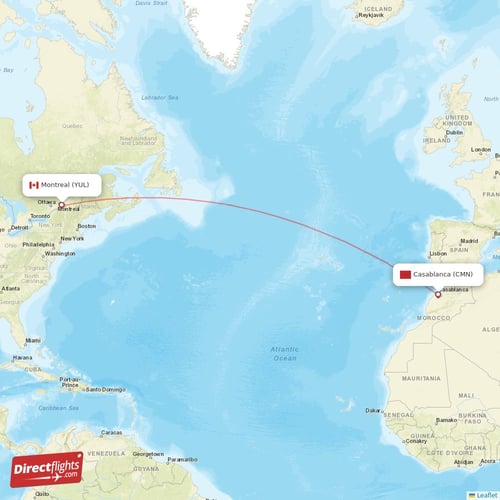 Montreal - Casablanca direct flight map