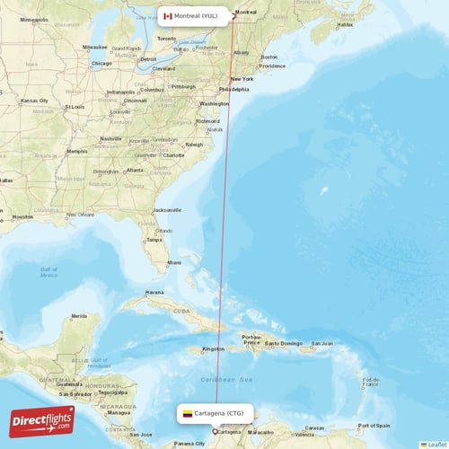 Montreal - Cartagena direct flight map
