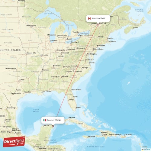 Montreal - Cancun direct flight map