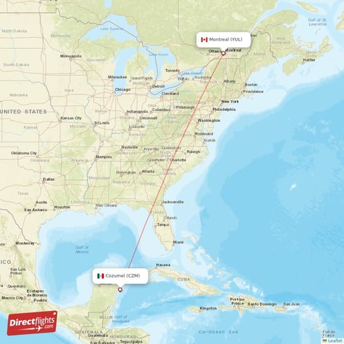 Montreal - Cozumel direct flight map