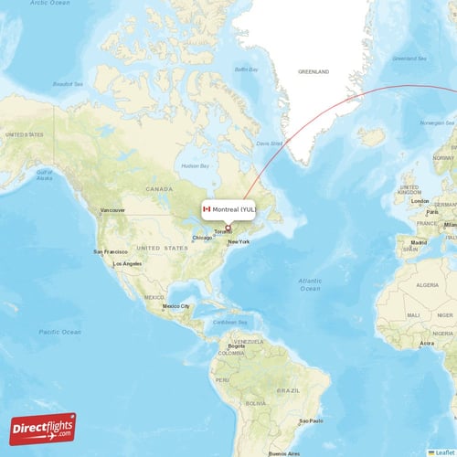Montreal - Delhi direct flight map