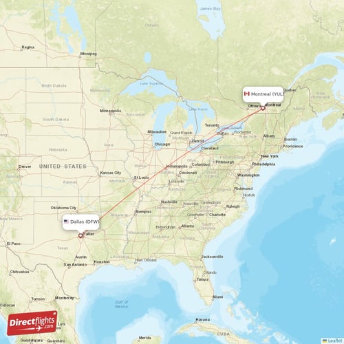 Montreal - Dallas direct flight map