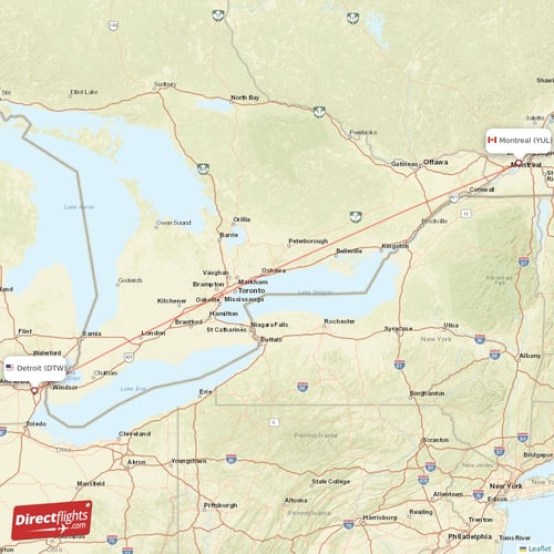 Montreal - Detroit direct flight map