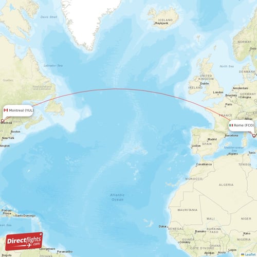 Montreal - Rome direct flight map
