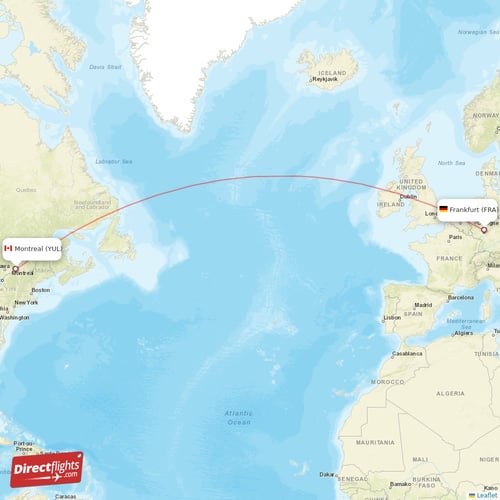 Montreal - Frankfurt direct flight map