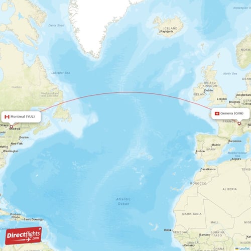 Montreal - Geneva direct flight map