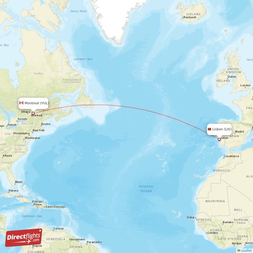 Montreal - Lisbon direct flight map