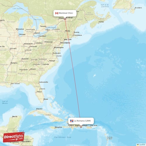 Montreal - La Romana direct flight map
