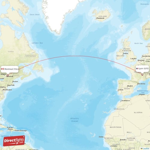 Montreal - Lyon direct flight map