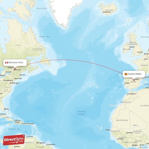 Montreal - Madrid direct flight map