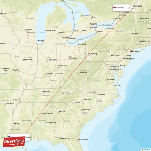 Montreal - New Orleans direct flight map