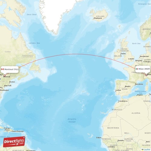 Montreal - Milan direct flight map