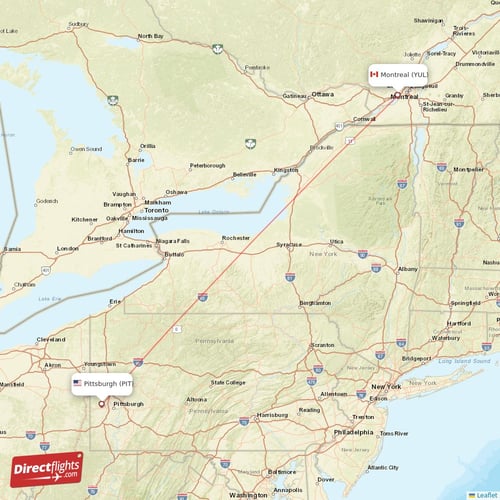 Montreal - Pittsburgh direct flight map