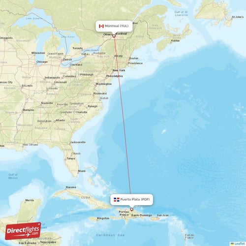 Montreal - Puerto Plata direct flight map
