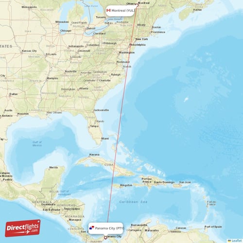 Montreal - Panama City direct flight map