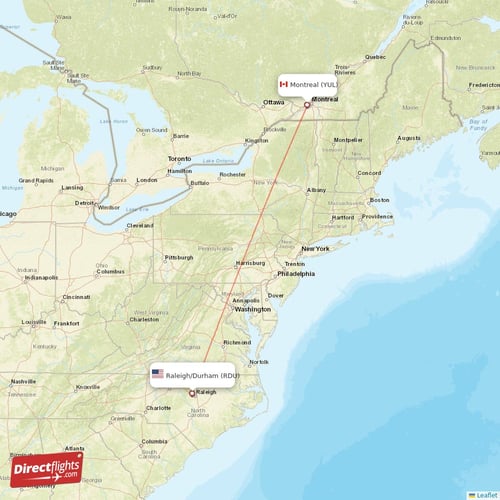 Montreal - Raleigh/Durham direct flight map
