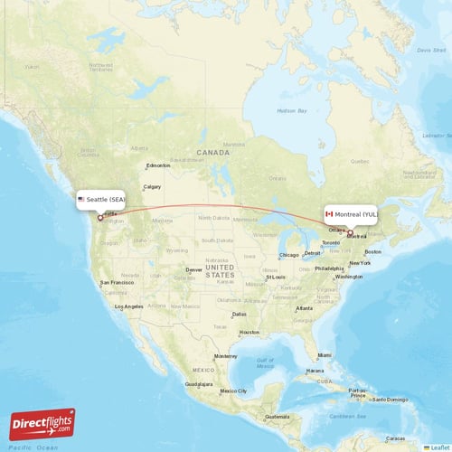Montreal - Seattle direct flight map