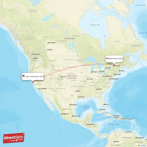 Montreal - San Francisco direct flight map