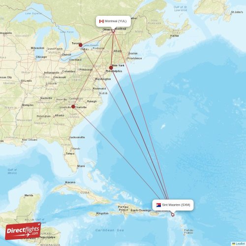 Montreal - Sint Maarten direct flight map