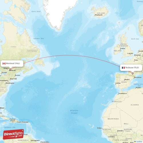 Montreal - Toulouse direct flight map