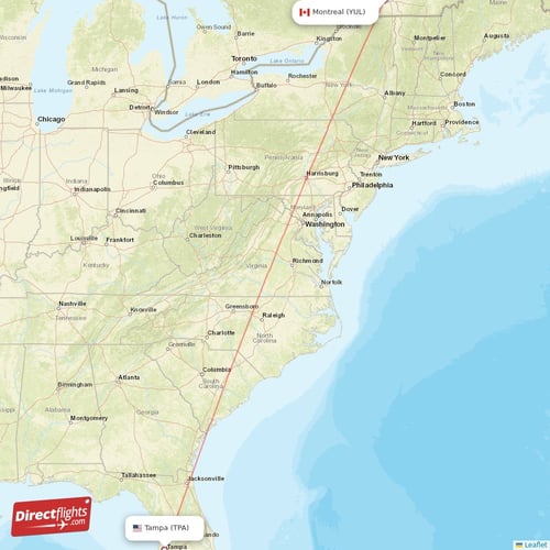 Montreal - Tampa direct flight map