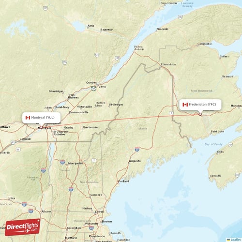 Montreal - Fredericton direct flight map