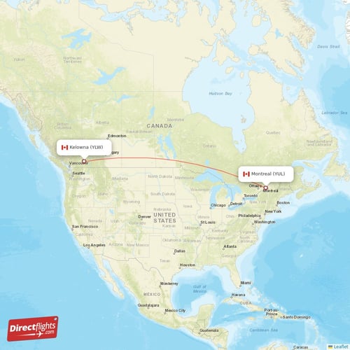 Montreal - Kelowna direct flight map