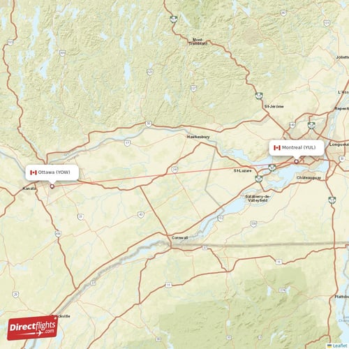 Montreal - Ottawa direct flight map