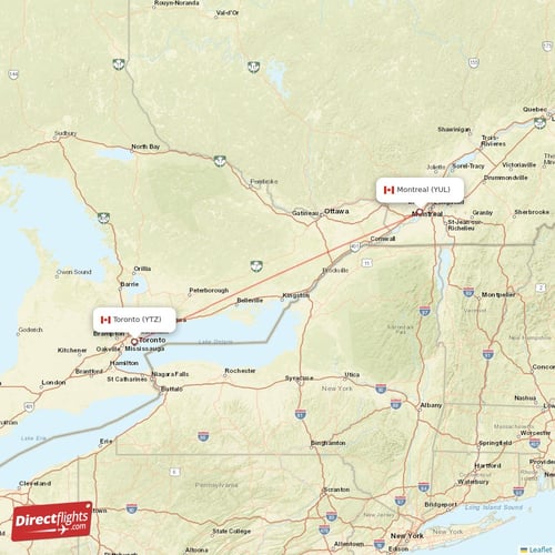 Montreal - Toronto direct flight map
