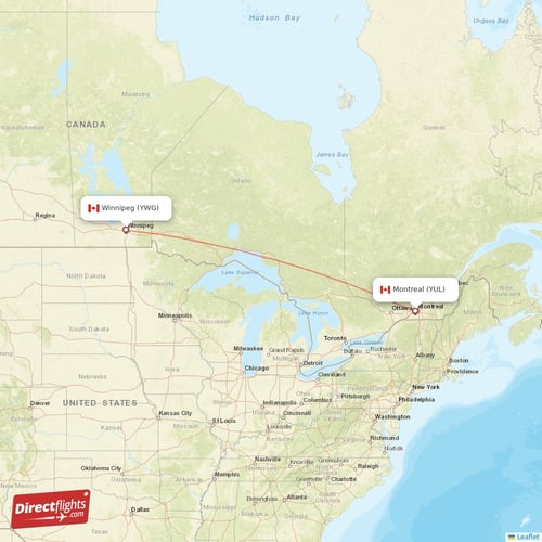 Montreal - Winnipeg direct flight map