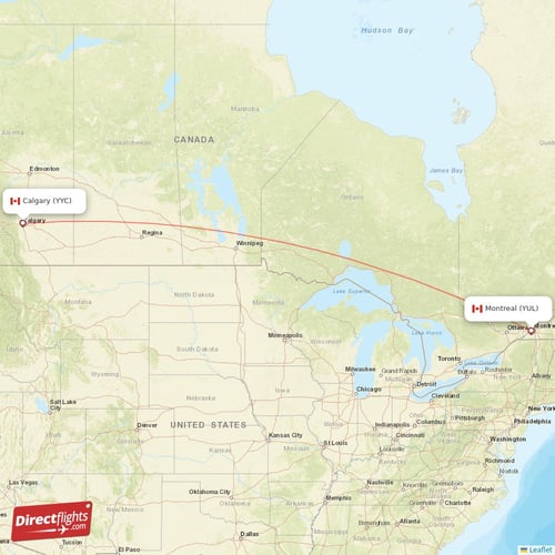 Montreal - Calgary direct flight map