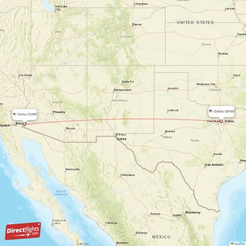 Yuma - Dallas direct flight map