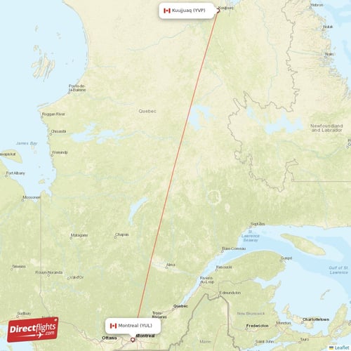 Kuujjuaq - Montreal direct flight map
