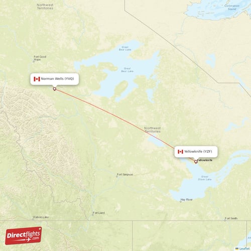 Norman Wells - Yellowknife direct flight map
