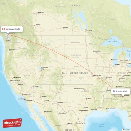 Vancouver - Atlanta direct flight map