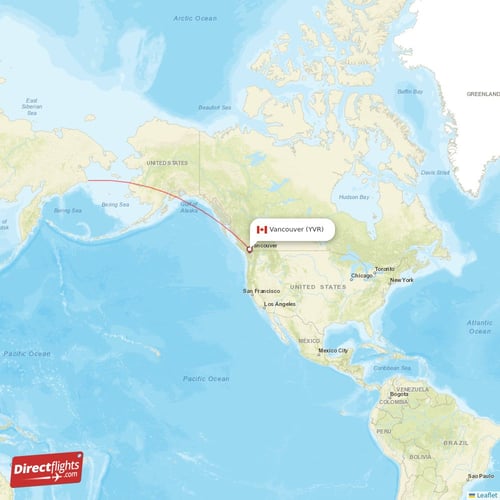Vancouver - Bangkok direct flight map
