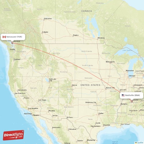 Vancouver - Nashville direct flight map