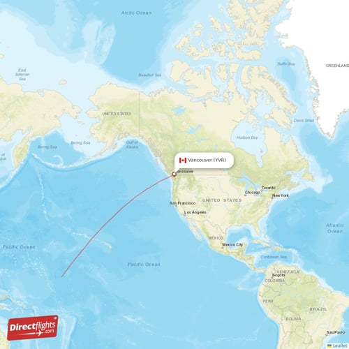 Vancouver - Brisbane direct flight map