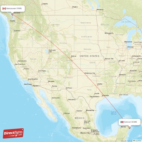 Vancouver - Cancun direct flight map