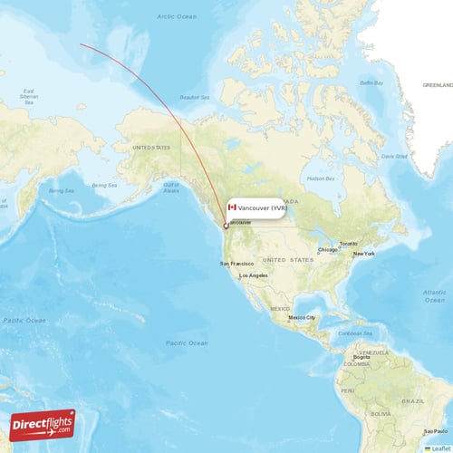 Vancouver - Delhi direct flight map