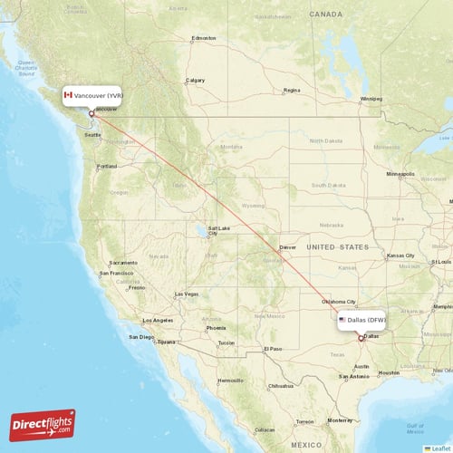 Vancouver - Dallas direct flight map